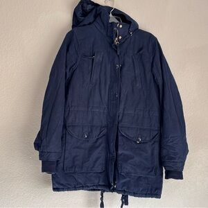 Jcp Women's Navy Hooded Coat with multiple pockets size L